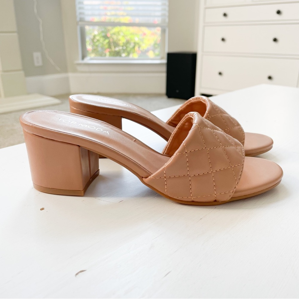 TOP Moda Quilted Block Heel Slide Sandals - Nude Tan